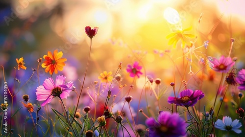 Colorful meadow flowers and summer blooms sway gently in a picturesque field under the warm glow of a vibrant sunset casting enchanting plant silhouettes © AkuAku