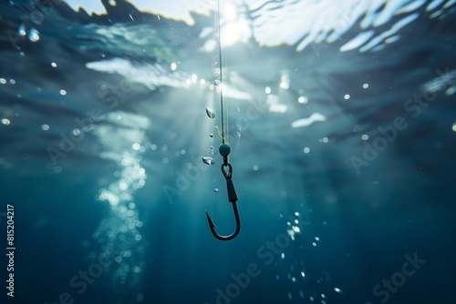 Underwater Fishing Hook and Line with Bubbles in The Clean River