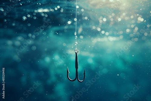 Underwater Fishing Hook with Bubbles and Invisible Fishing Line in Clear Blue Ocean