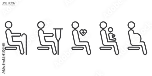 Simple line icon Passenger Priority, Old man, Elderly, Pregnant woman, Woman with baby, Orthopedic crutches mobility Human vector sign. Priority seating and disability icon in transparent background.