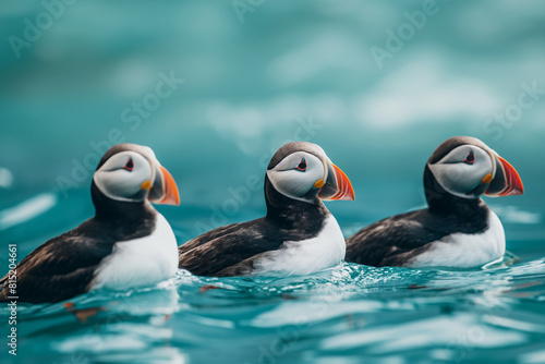 Atlantic puffin or common puffin or common puffin , Charming Atlantic Puffins: A Delightful Encounter in the Blue Abyss photo