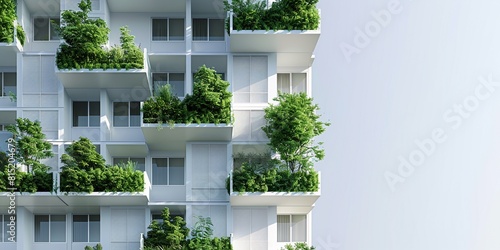 White modern residential green building facade against sky, concept of sustainable building, low carbon architecture, environment friendly architectural design.