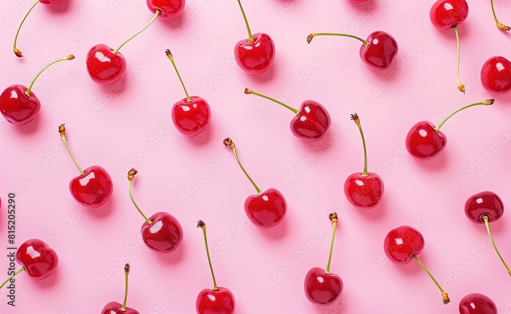 Pattern made from red cherries on a pink background in a flat lay. Pattern made from red cherries on a pink background in a flat lay.
