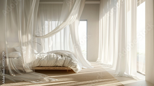 Tranquil Haven: Minimalist Bedroom with Canopy Bed and Billowing Sheer Curtains © Dustin