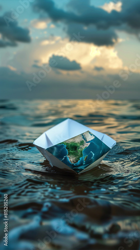 Paper Boat Floating in Ocean With Earth