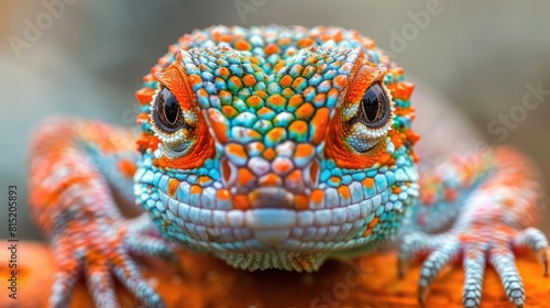 A close up of a colorful lizard with bright orange  blue and yellow scales.