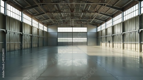 A large  empty warehouse with a lot of windows