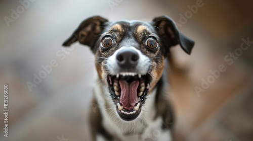 Small dog with big teeth and open mouth, looks like barking or growling at someone or something. photo