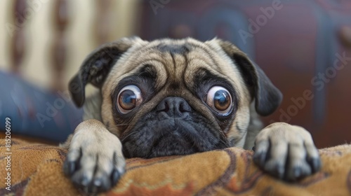 The image shows a cute pug with big  round eyes looking up at the camera with a curious expression.