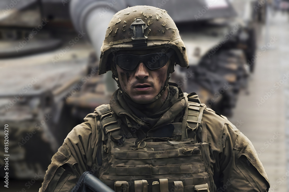 Portrait of a military man on the background of military equipment. Portrait of a military man on the background of military equipment.