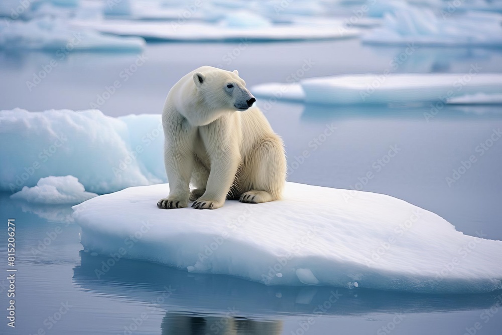 A polar bear is sitting on top of a large piece of ice