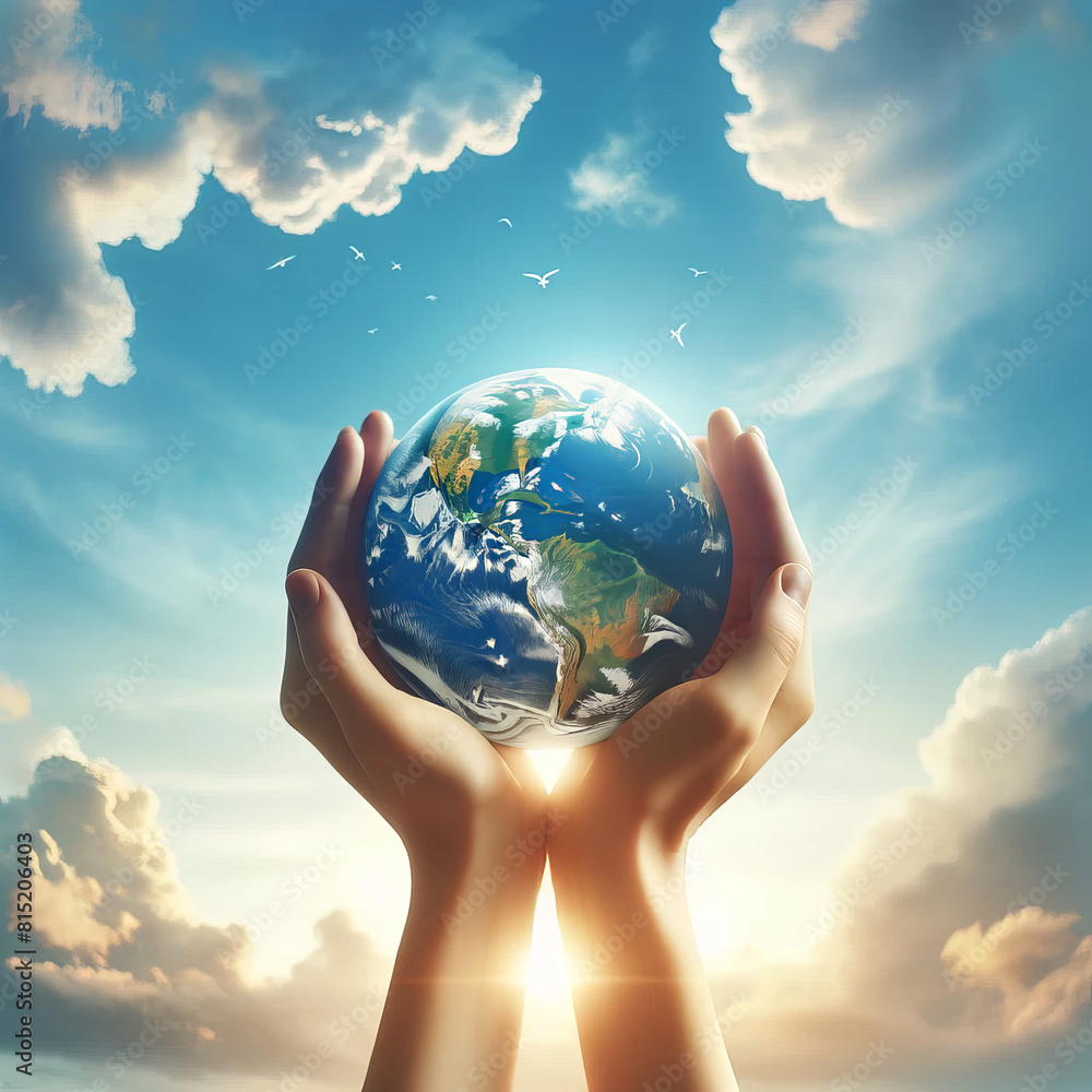 Two hands gently cradle small globe, symbolizing care protection for Earth, background features soft Two hands gently cradle small globe, symbolizing care protection for Earth, background features soft