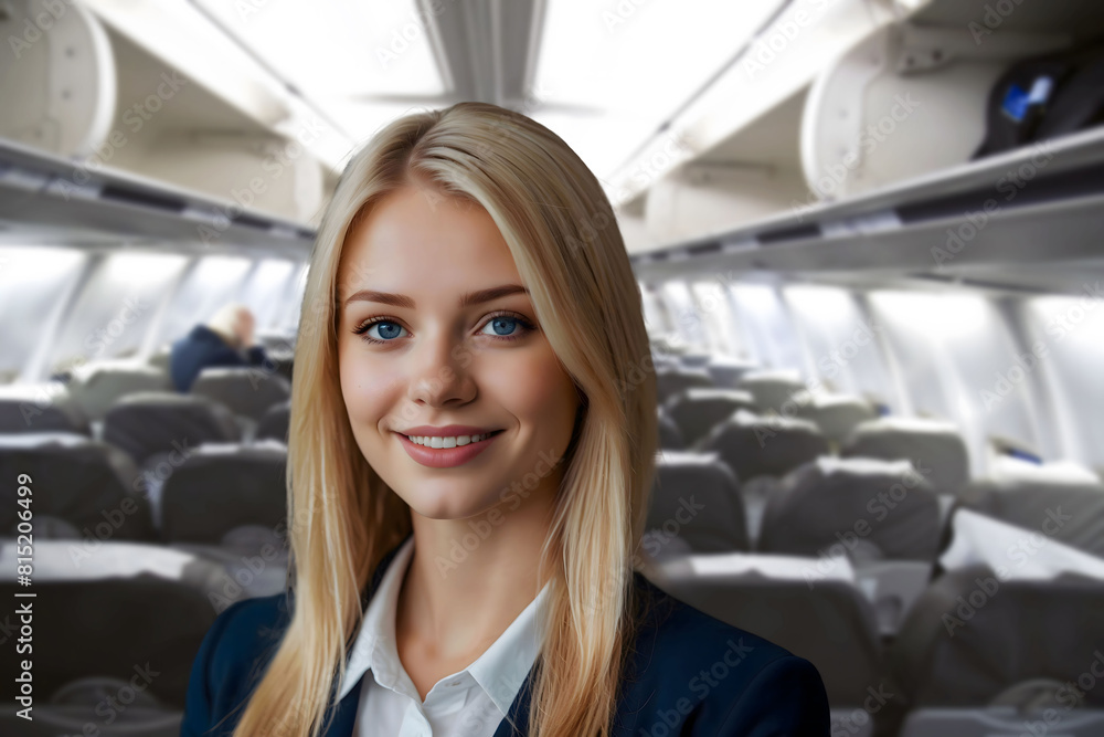 A stewardess, a beautiful blonde girl on the background of a passenger plane.