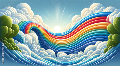 Rainbow flag waving in sky, illuminated by sunlight, symbolizing freedom, pride, LGBTQ community