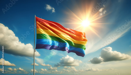 Rainbow flag waving in sky, illuminated by sunlight, symbolizing freedom, pride, LGBTQ community