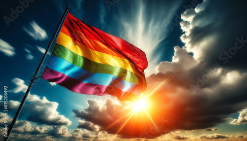 Rainbow flag waving in sky, illuminated by sunlight, symbolizing freedom, pride, LGBTQ community