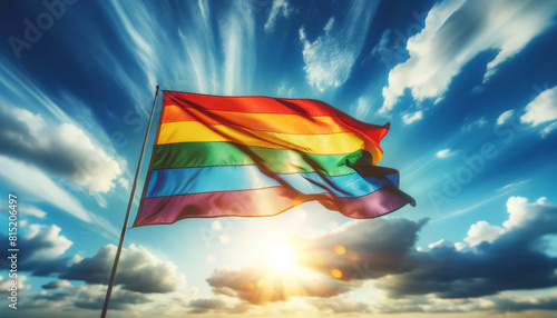 Rainbow flag waving in sky, illuminated by sunlight, symbolizing freedom, pride, LGBTQ community