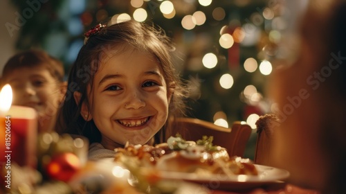 Happy latin family having fun eating together during Christmas time - Soft focus on girl face