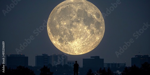Magnificent Supermoon Rising Over Silhouetted Cityscape with Lone Observer