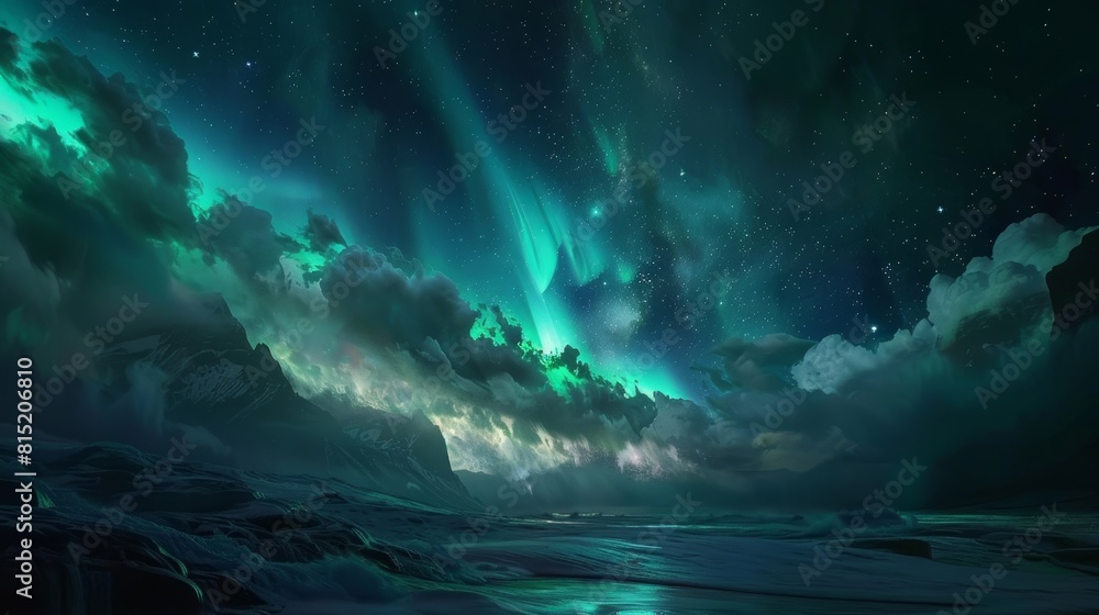 Naklejka premium Glowing ribbons of emerald and lavender Northern Lights swirl above an icy untouched Arctic terrain under a star-studded sky.