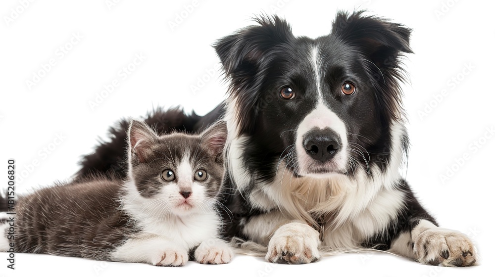 Border collie dog and kitten sit together and look at camera. isolated on white . Generative Ai