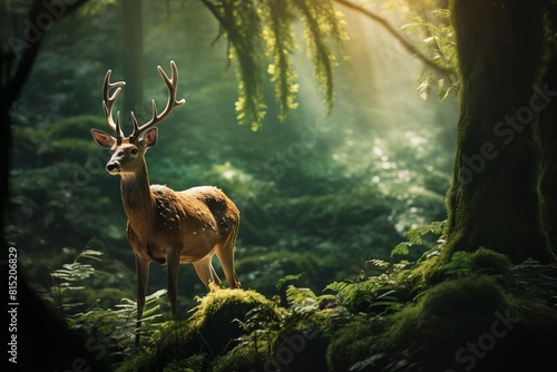 A deer is standing in a forest with green leaves and moss © GenBy