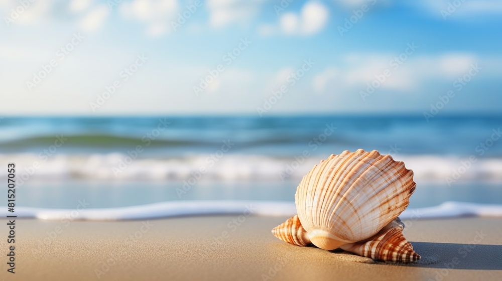 A large shell is laying on the sand near the ocean A large shell is laying on the sand near the ocean
