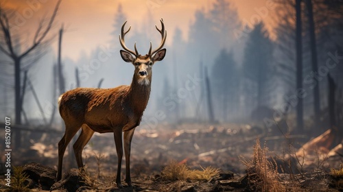 A deer stands in a forest with a burnt landscape