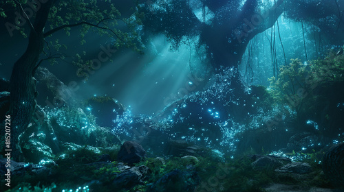 an ethereal image of a mythical forest, where bioluminescent plants cast a soft, enchanting glow, and magical creatures roam freely, inviting viewers into a world of fantasy and wonder © sabry
