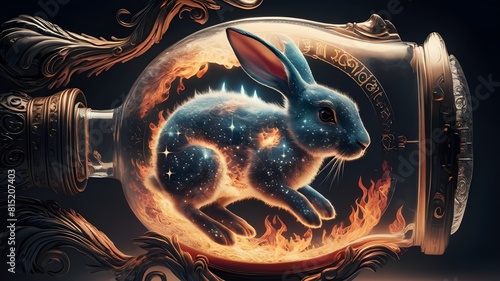 A captivating and enchanting image of a photorealistic rabbit composed of starlight and flames, suspended within an intricately

designed glass bottle. The rabbit's fur appears to shimmer with the ess photo