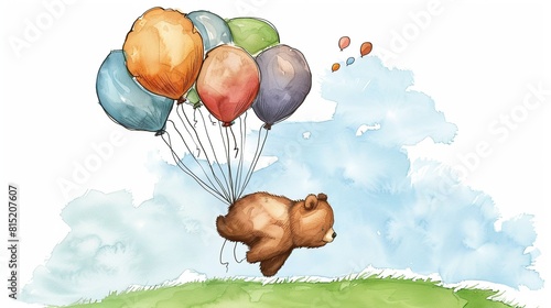 bear flying with balloons in the sky. Generative Ai photo