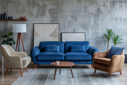 Blue sofa and beige recliner chair against grey wall with copy space. Scandinavian minimalist home interior design of modern living room.