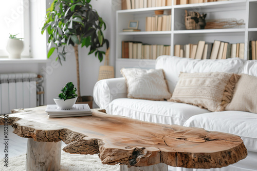 Boho interior design of modern living room home. Close up of alarm clock on round wooden table near sofa.