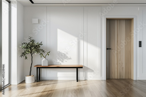 Bright interior design of modern entrance hall with door and wooden console table. Created with generative AI © Lucas