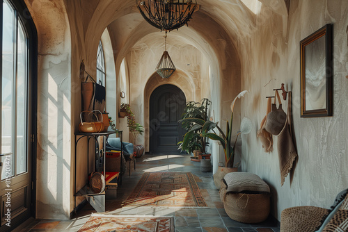 Boho mediterranean interior design of modern home entryway hall with arched walls.