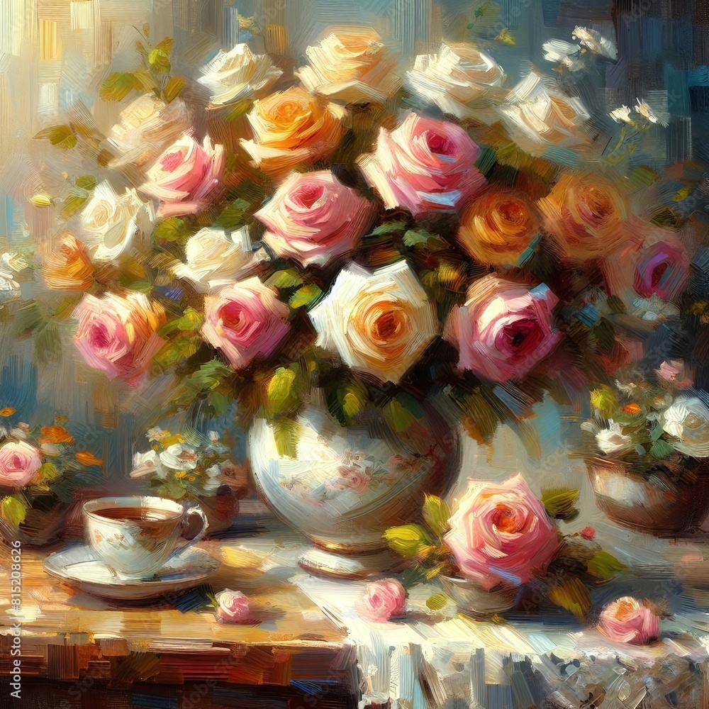 roses in a vase, summer still life with flowers, impressionism canvas roses in a vase, summer still life with flowers, impressionism canvas
