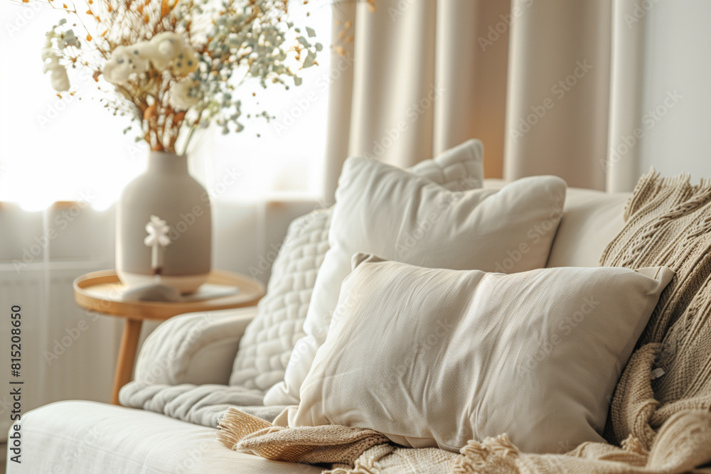 Close up of beige fabric sofa with pillows and plaid and side table with flower vase. Scandinavian interior design of modern living room home.