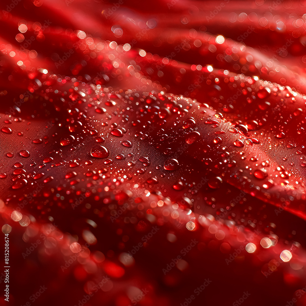 A red fabric with water droplets on it. The droplets are small and scattered, giving the fabric a wet and shiny appearance. Concept of freshness and vitality A red fabric with water droplets on it. The droplets are small and scattered, giving the fabric a wet and shiny appearance. Concept of freshness and vitality