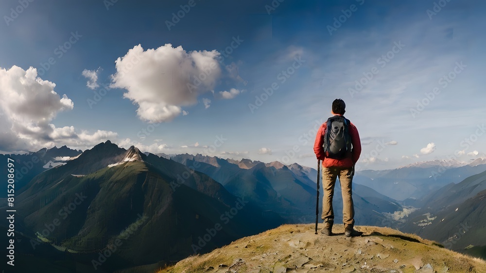 Hiker standing in front of a panorama in the mountains