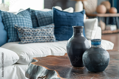Close up of decorative dark ceramic vases on live edge coffee table. Home decor pieces near white sofa with blue pillows. Farmhouse shabby chic interior design of modern living room home.