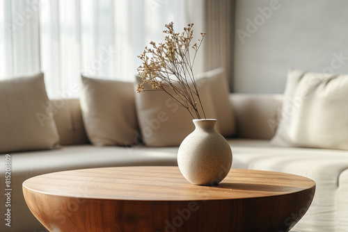Close up of round wooden coffee table and vase on it near sofa against window. Minimalist interior design of modern living room home.