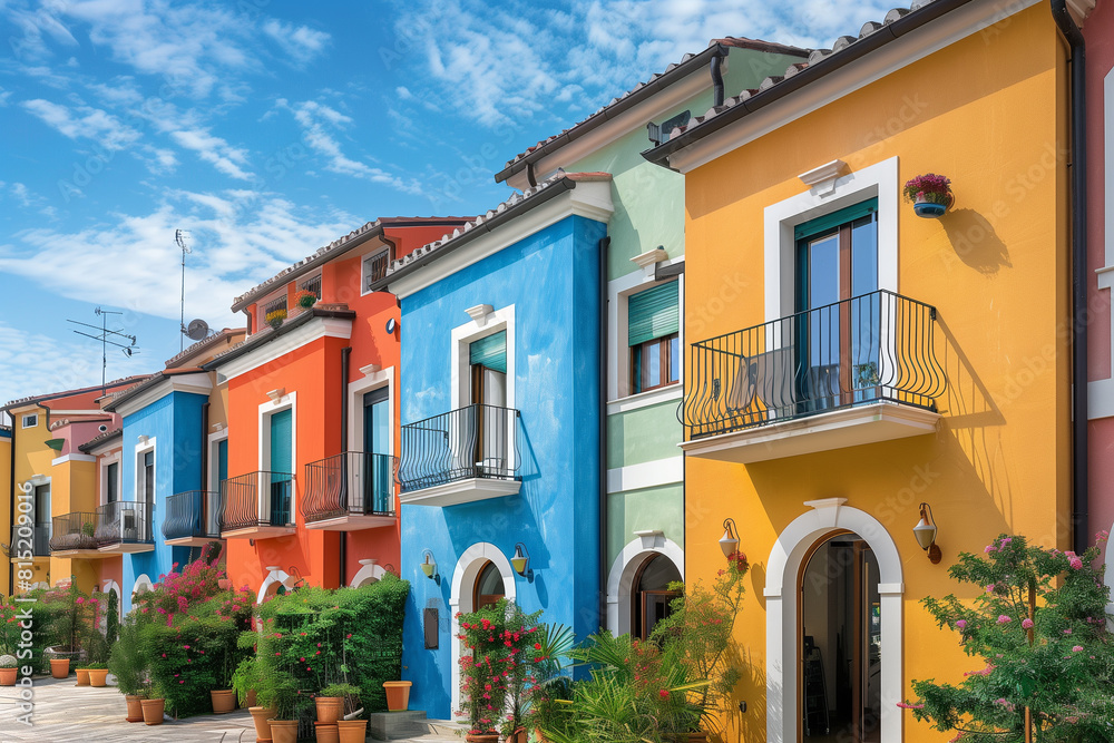 Colorful stucco finish traditional private townhouses. Residential architecture exterior. Created with generative Ai