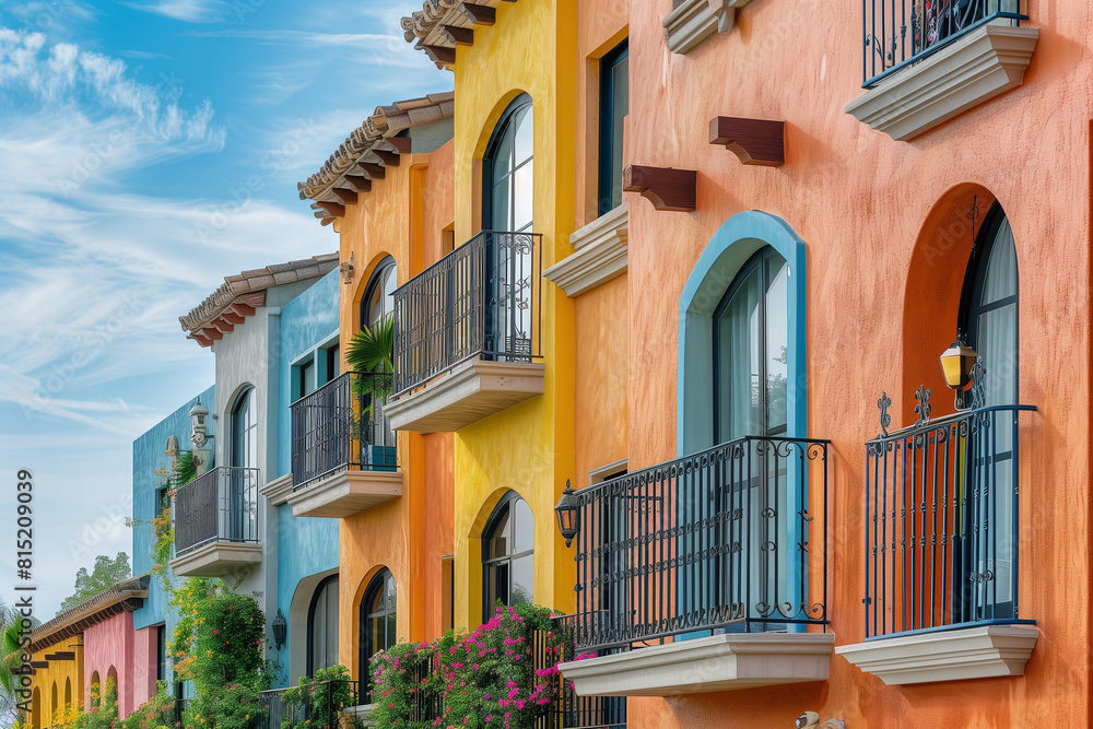 Colorful stucco traditional private townhouses. Residential architecture exterior. Created with generative Ai