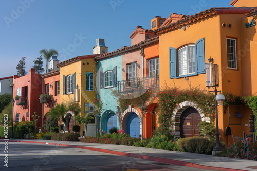 Colorful stucco traditional private townhouses. Residential architecture exterior. Created with generative Ai
