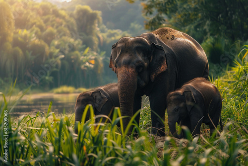 Elephant family, with little baby elephants in nature © ольга 