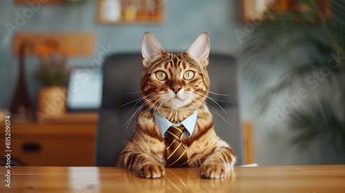Bengal cat in a shirt and tie sits at a work table. Office worker. Generative Ai