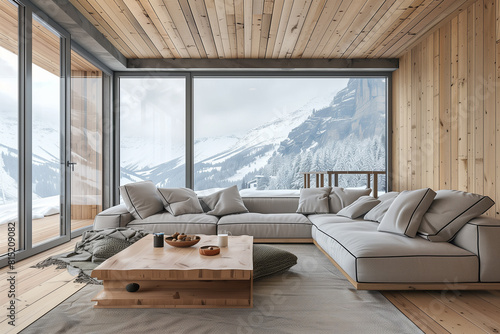 Corner sofa in room with wooden lining paneling wall and ceiling. Minimalist home interior design of modern living room in chalet panoramic window with great winter snow mountain landscape view. AI