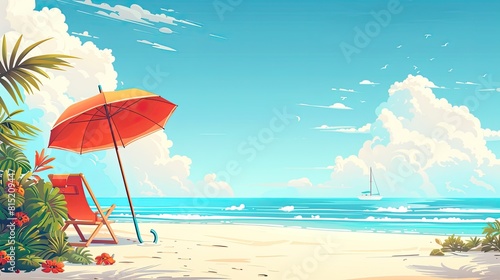 Create a cartoon illustration for a summer vacation holiday banner background featuring a parasol and chair, leaving space for text