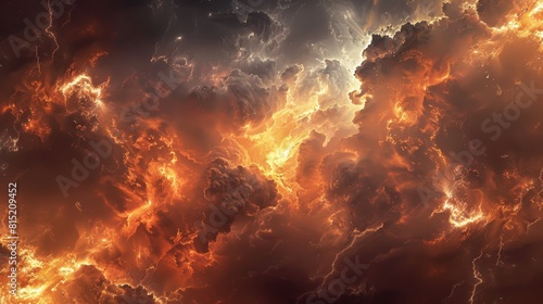 This dramatic image captures an intense interplay of fiery orange and deep gray clouds  intertwined with vivid lightning strikes  depicting a cosmic storm. This abstract celestial scene is ideal for i