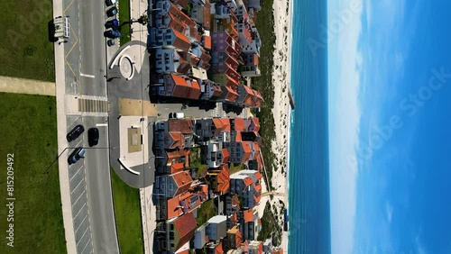Portugal, Costa Nova Houses and beach Drone Vertical